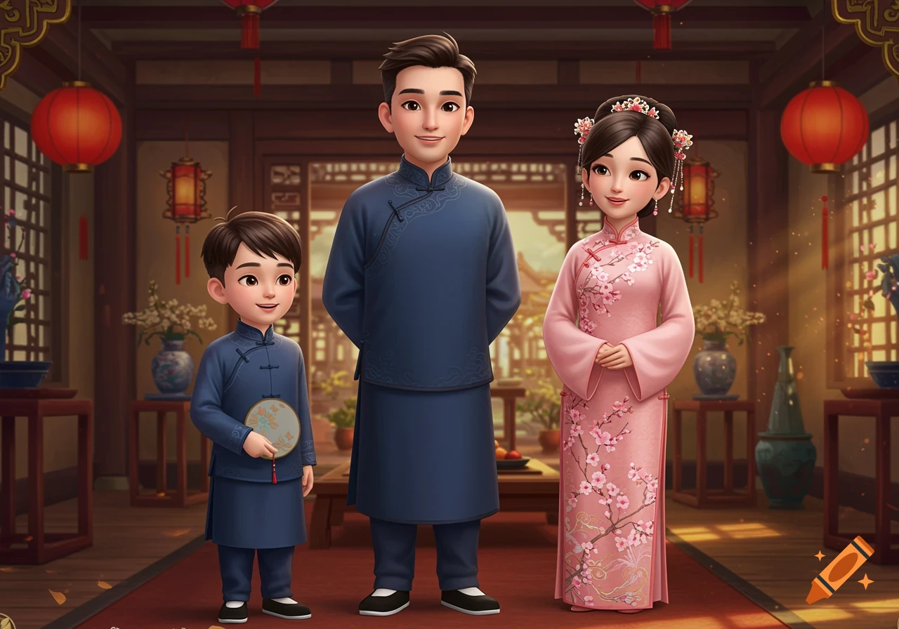 Cartoon family in traditional Chinese clothing indoors