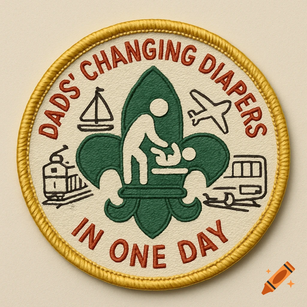 Embroidered scout-style patch: DADS' CHANGING DIAPERS IN ONE DAY text, figures changing diaper, icons for boat, plane, train, bus.