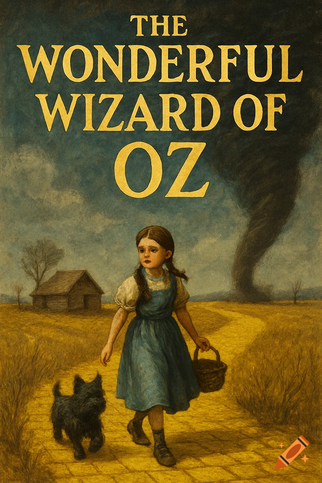 Painted cover art style image of a girl and dog on a yellow brick road with a tornado in the background and the title 'THE WONDERFUL WIZARD OF OZ'.