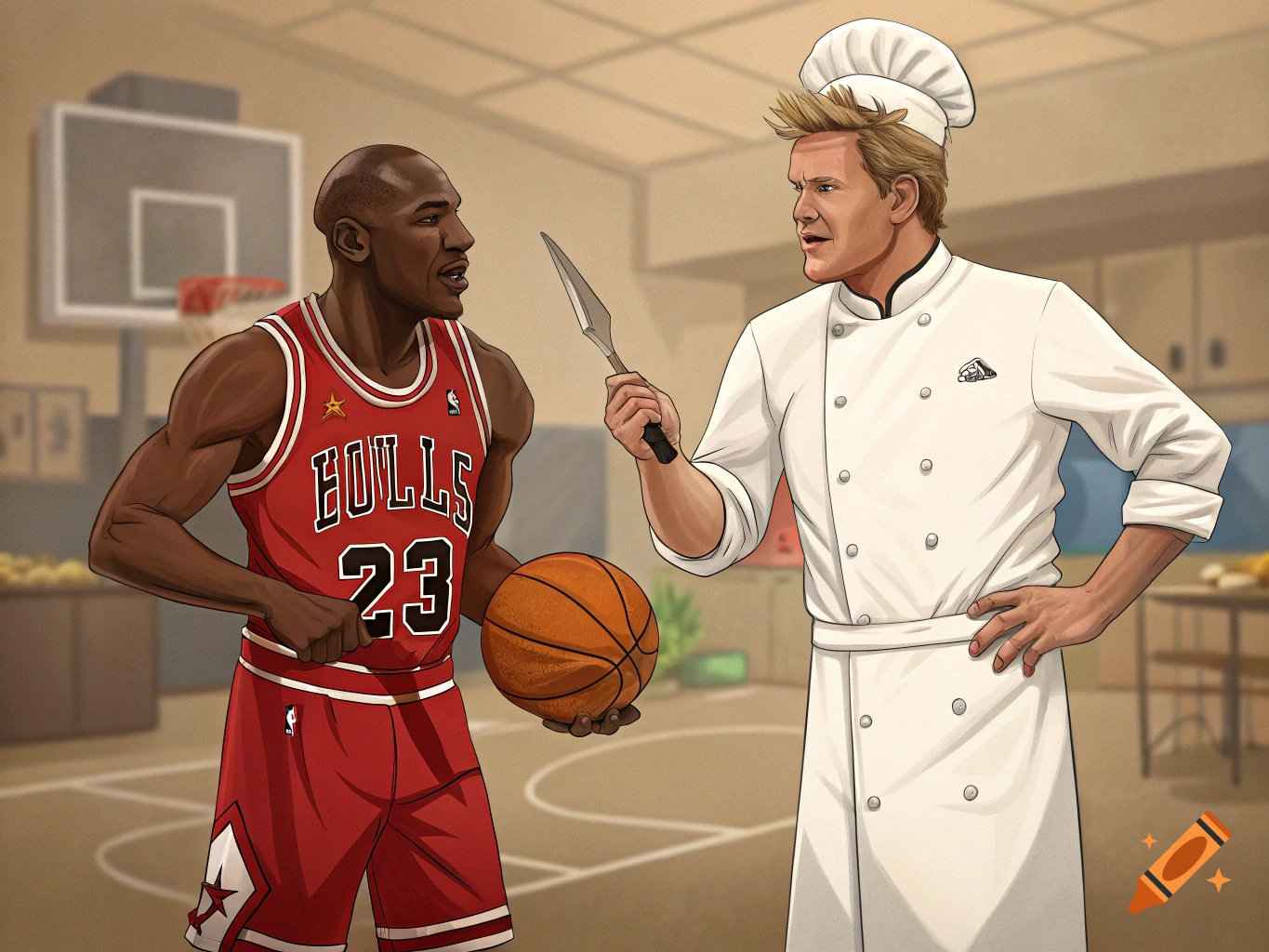 Illustration of Michael Jordan in a Bulls jersey with a basketball, talking to Gordon Ramsay in a chef's uniform in a gym.