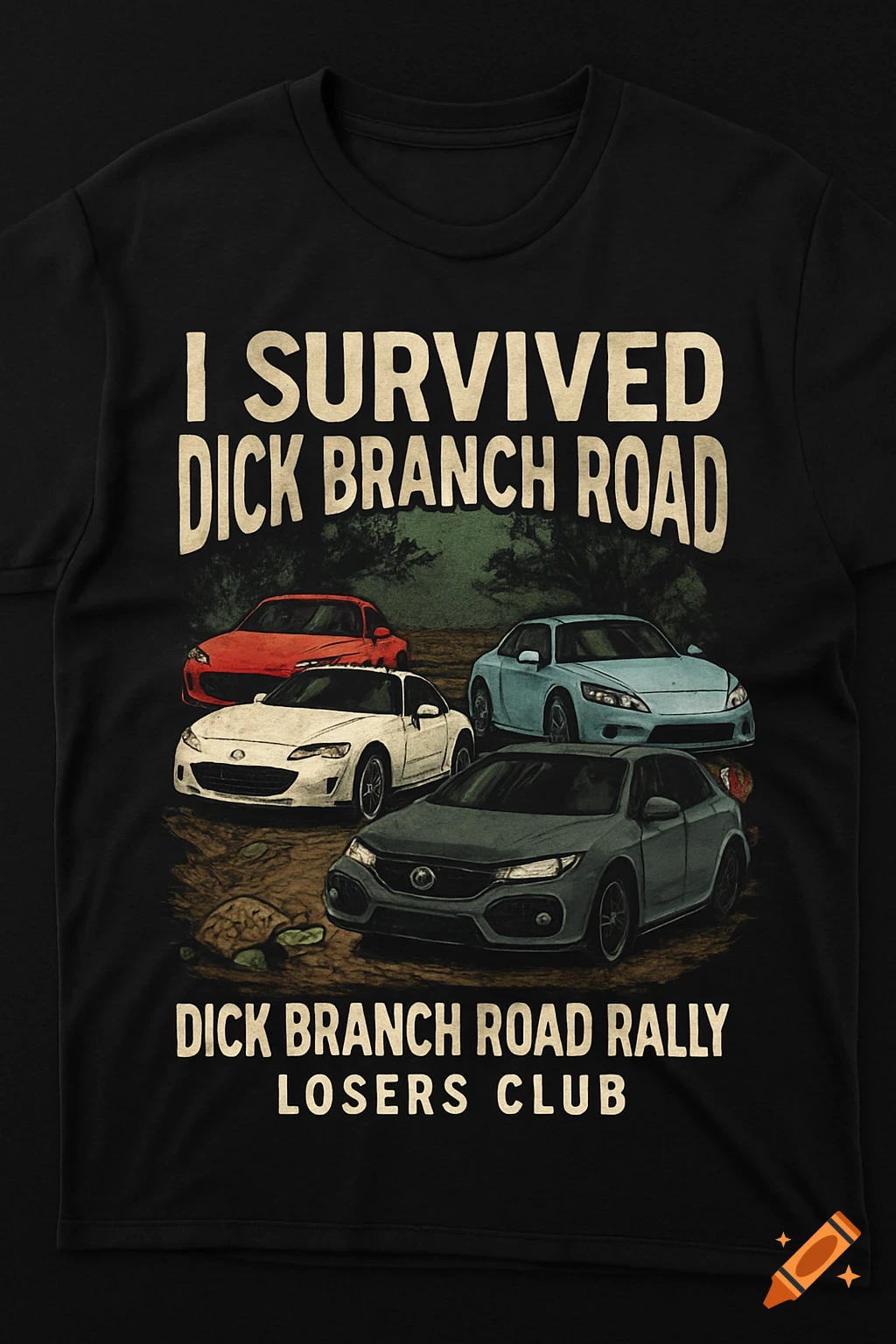 Black t-shirt with illustration of four cars and text "I Survived Dick Branch Road / Dick Branch Road Rally Losers Club".