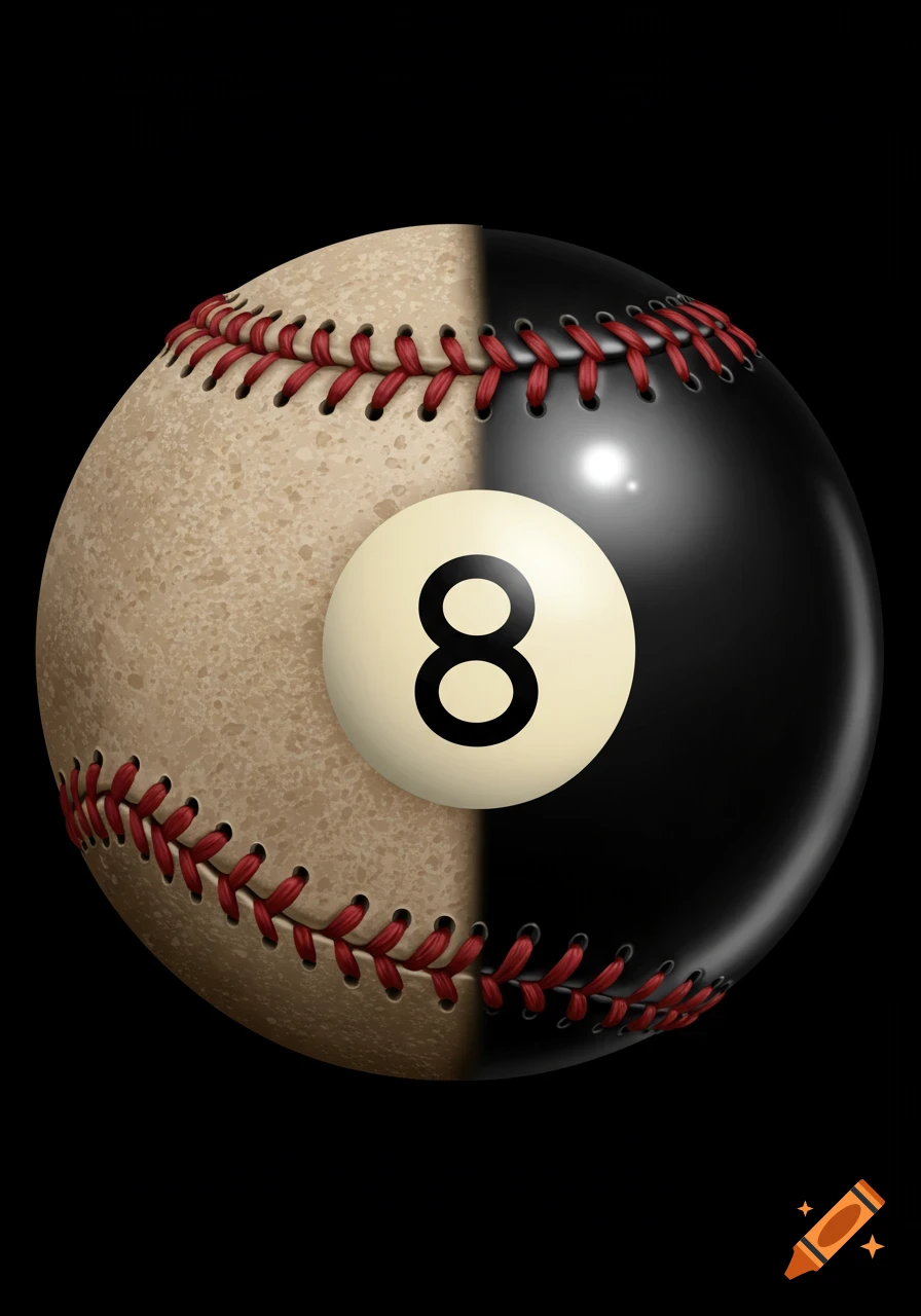 A ball split down the middle, half a baseball and half an 8 ball with the number 8.