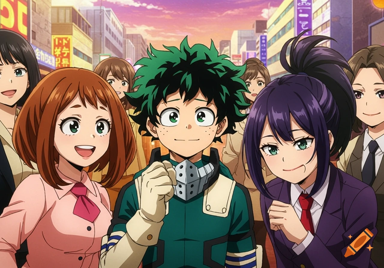 Anime characters Izuku, Uraraka, and Momo with others on a city street.