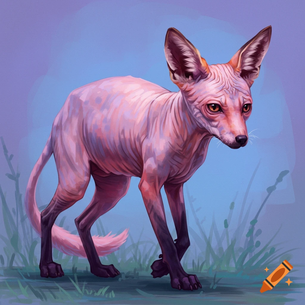 A hairless fox stands in the grass in a digital painting.