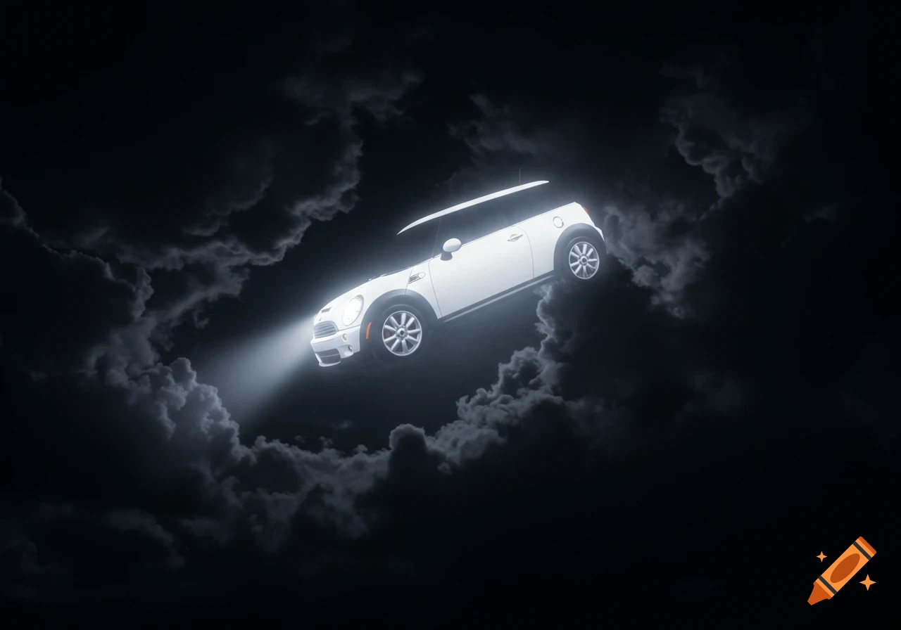 A white Mini Cooper floats in a dark, cloudy sky with a spotlight beam, like a signal.