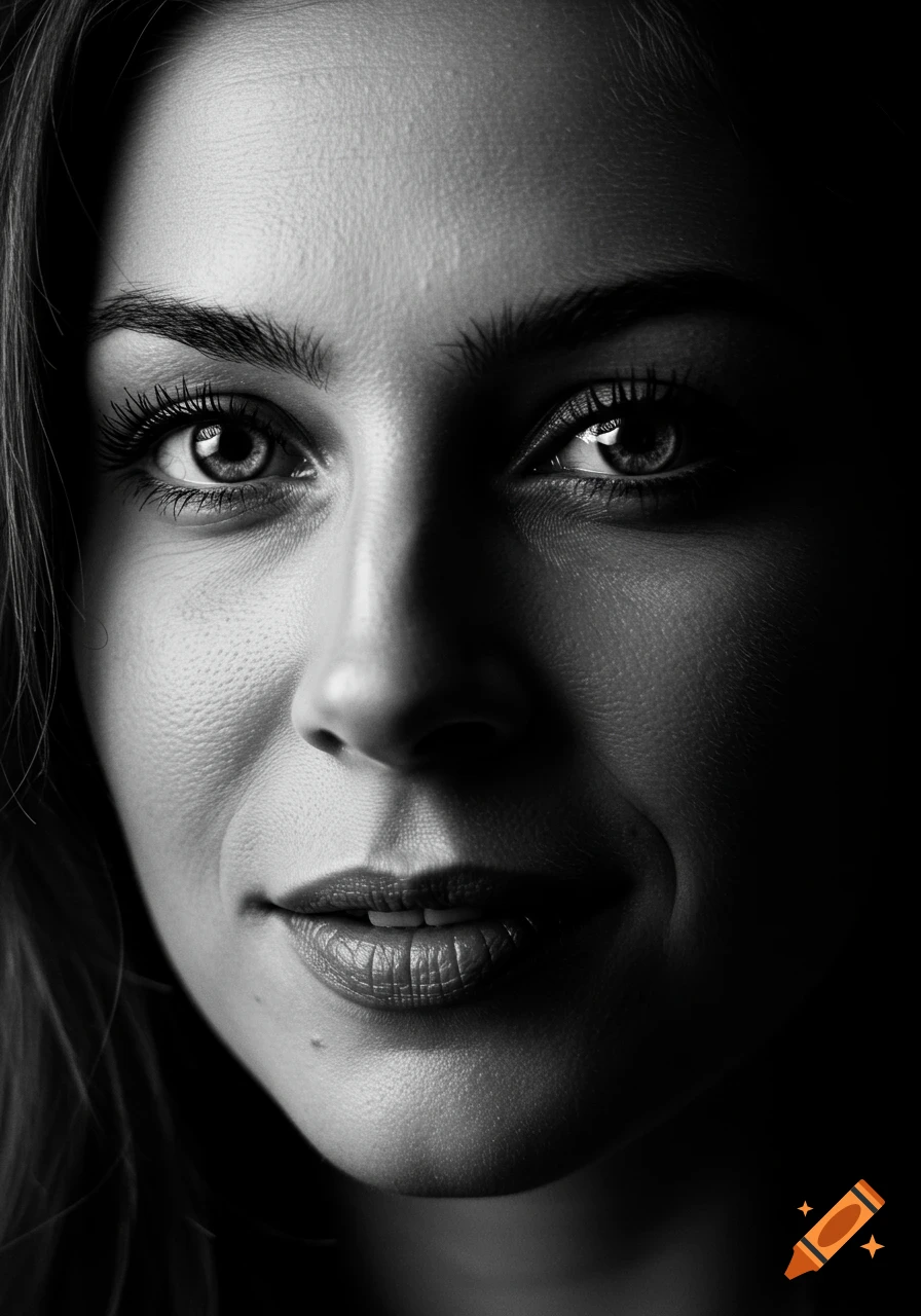 Black and white close-up portrait of a woman's face with bright eyes and a subtle smile, lit dramatically.