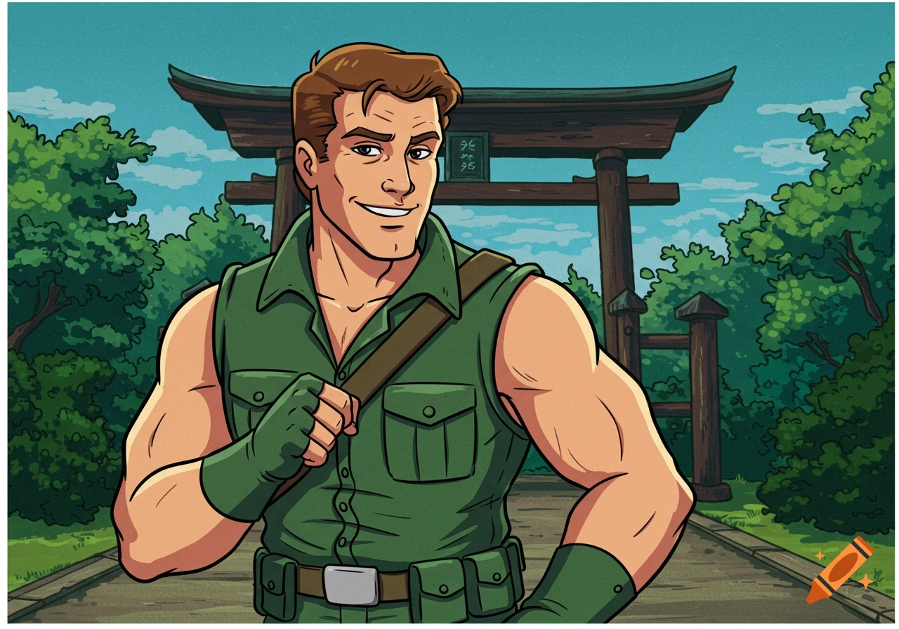 A muscular man in a green vest stands in front of a Japanese gateway in a cartoon style.