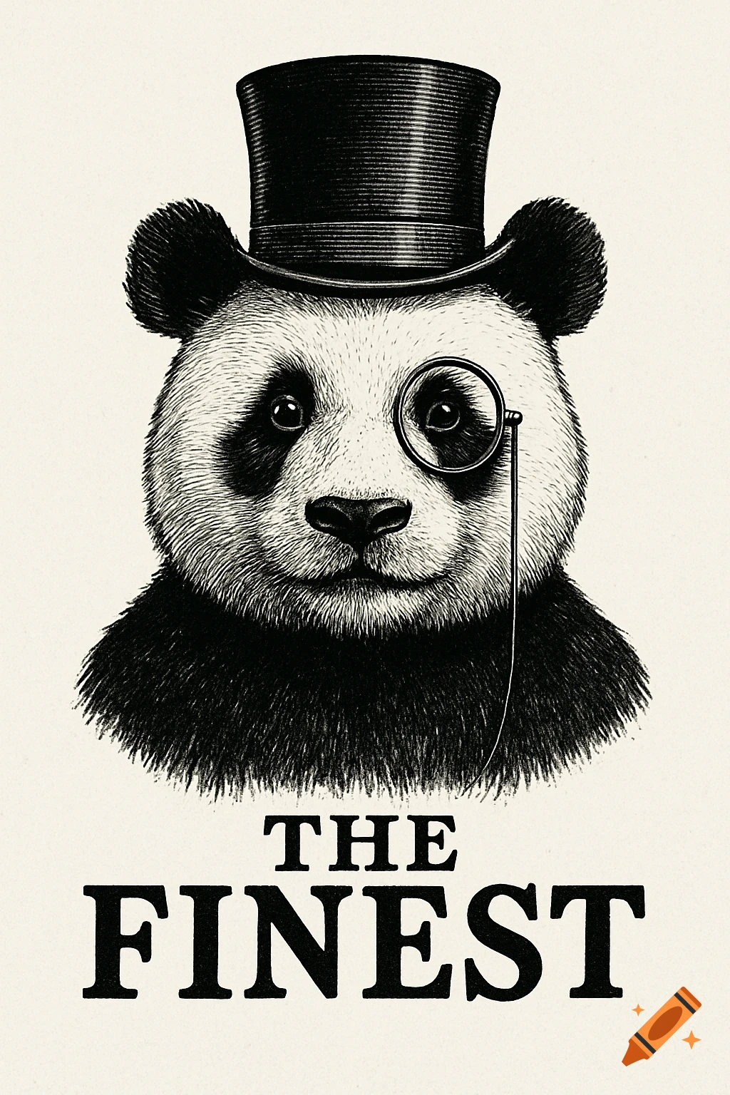 Black and white etching illustration of a panda wearing a top hat and monocle, with the text 'THE FINEST' below.