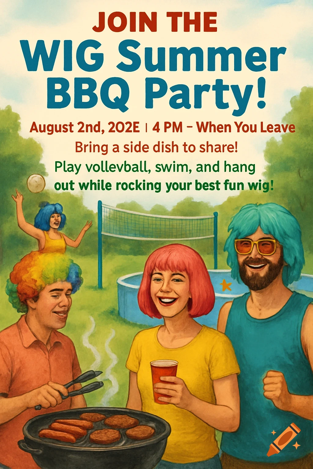 Illustration of a flyer for a wig summer BBQ party with people grilling and playing volleyball.