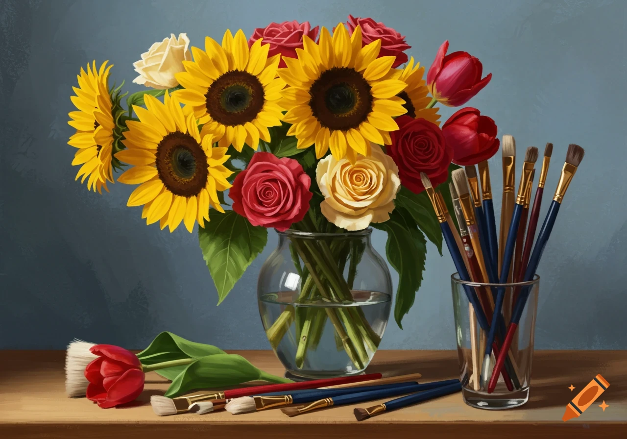 A still life painting of a bouquet of sunflowers, roses, and tulips in a vase next to paintbrushes.