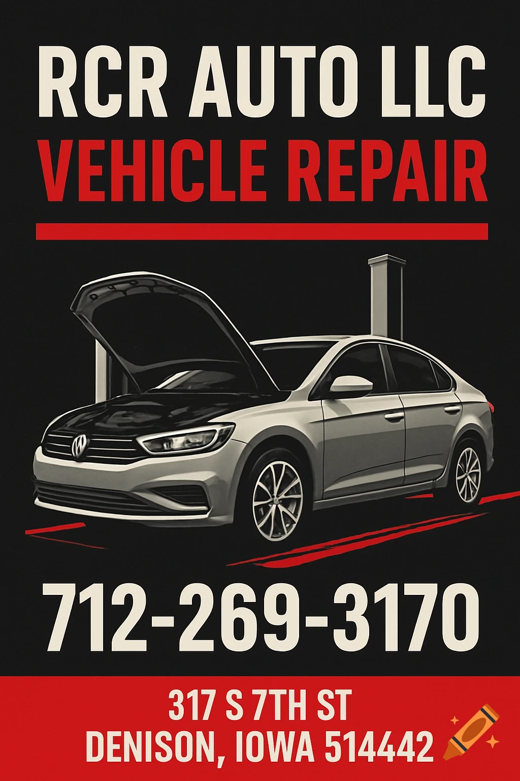 Advertising poster for a car repair shop with a silver car and contact info in black and red.