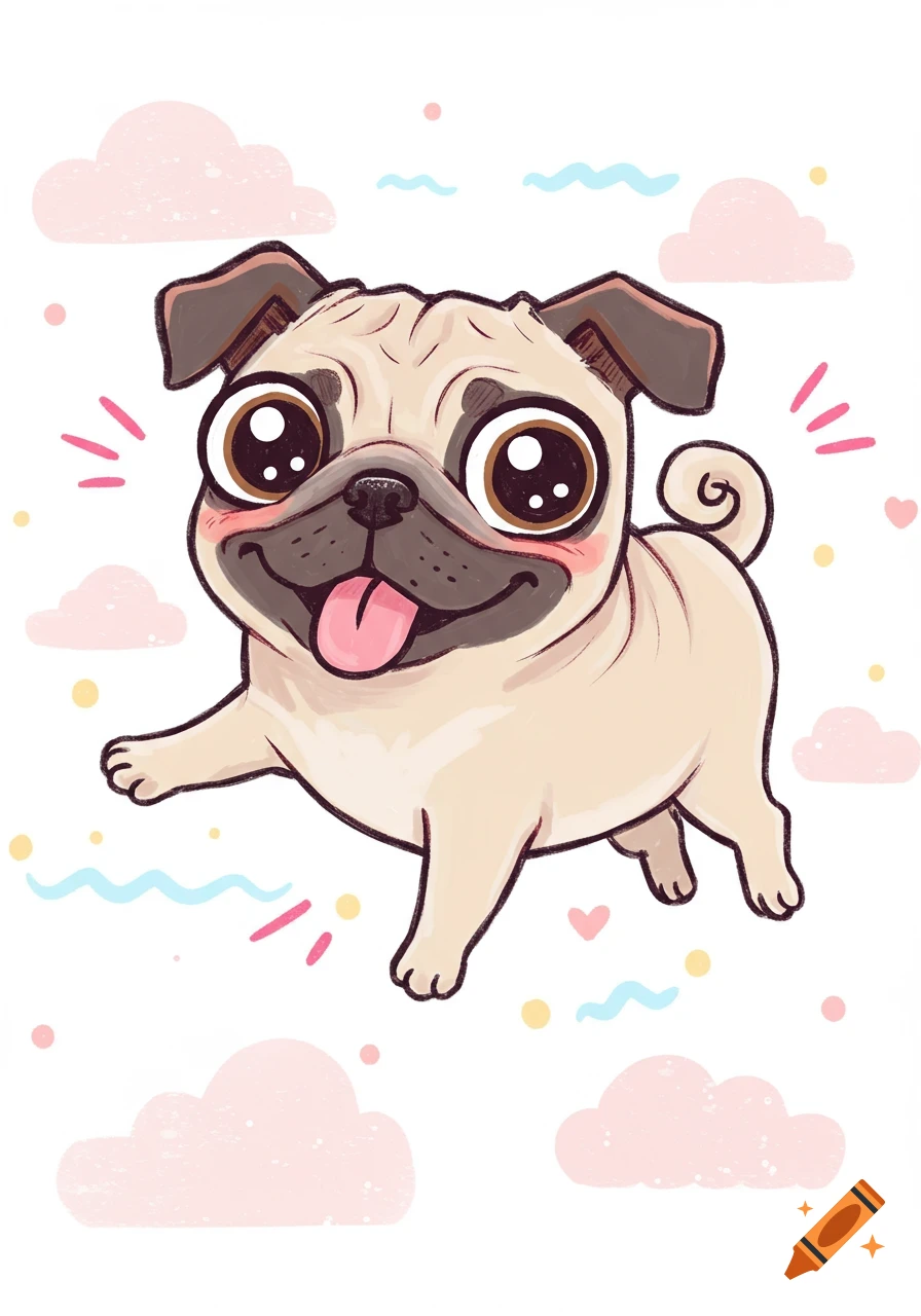 A whimsical drawing of a pug with big eyes and pink cheeks, surrounded by clouds, hearts, and dots.