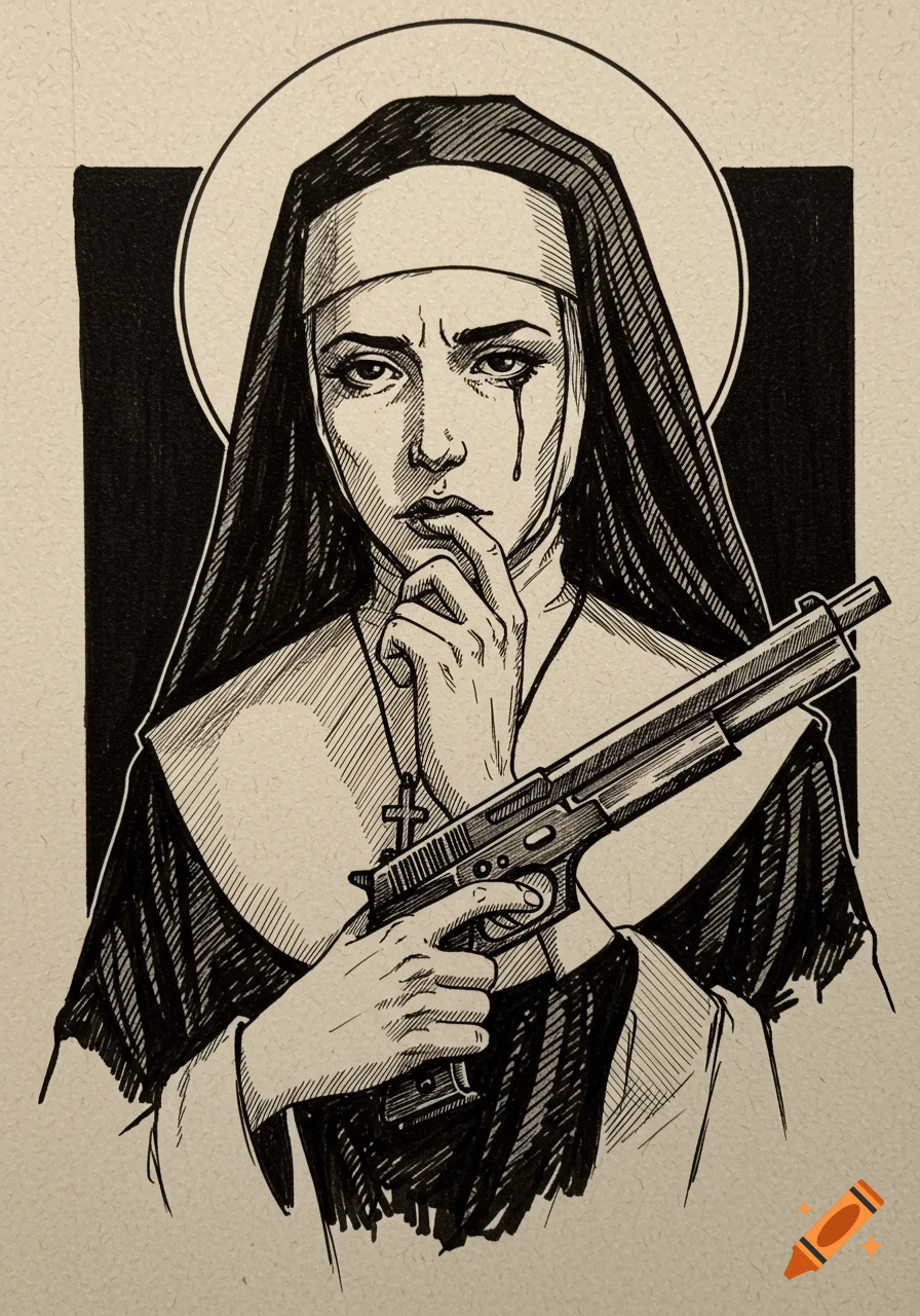 Black and white ink drawing of a nun holding a pistol.