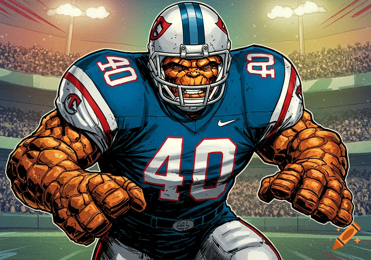 Illustration of The Thing from Marvel wearing a blue football uniform with number 40, on a football field.