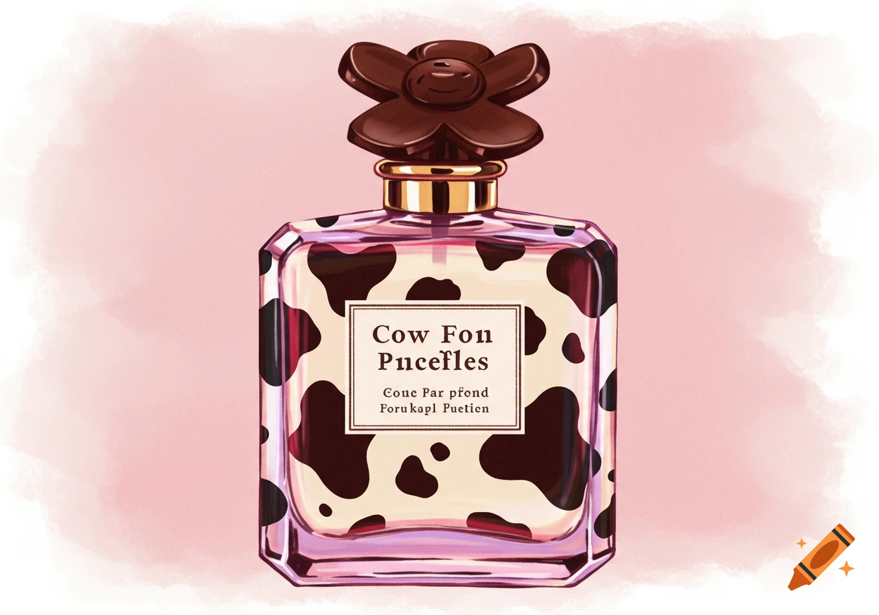 A perfume bottle decorated with a cow print pattern.