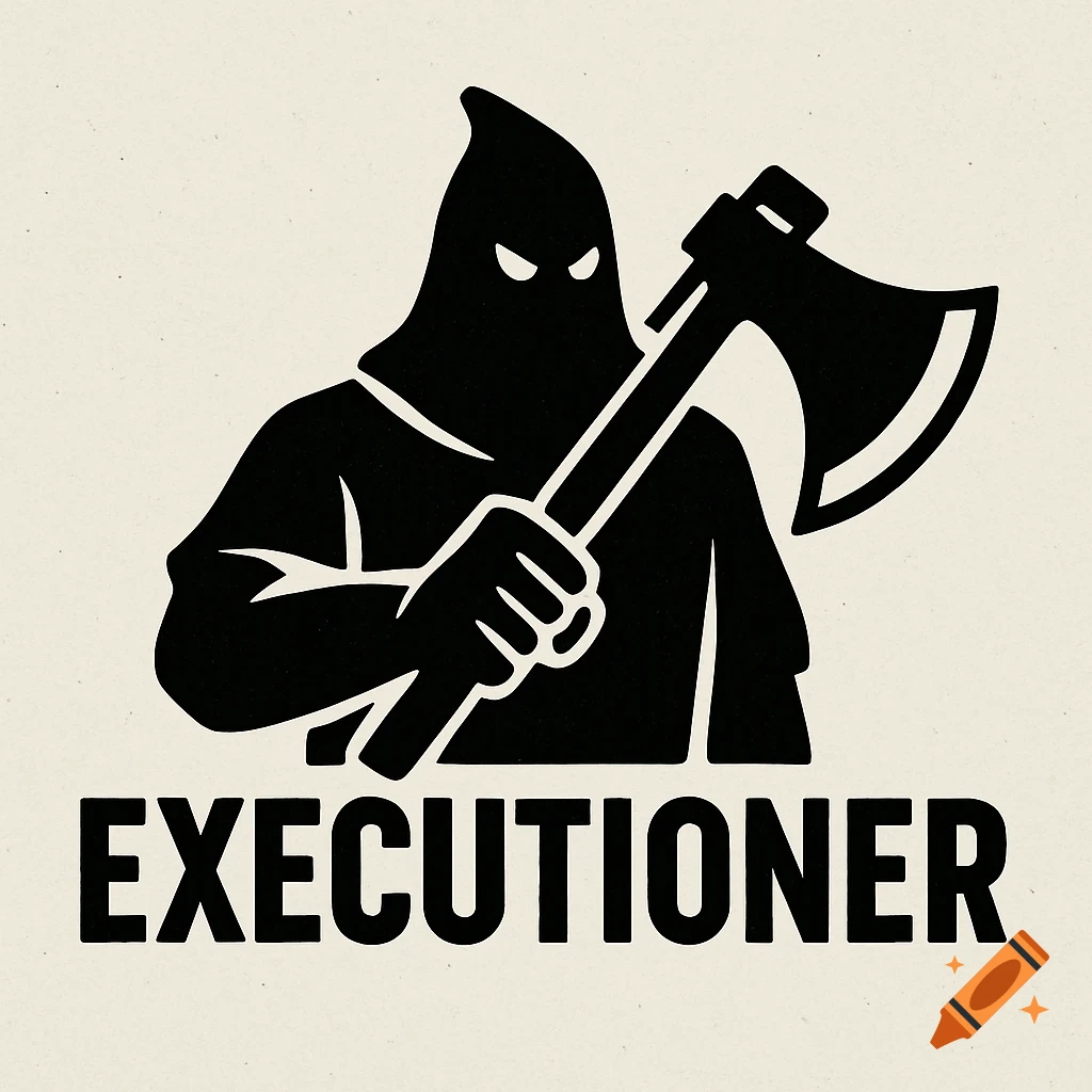 Black silhouette logo of a hooded executioner holding an axe, with the word  EXECUTIONER below on Craiyon, image size:1024x1024