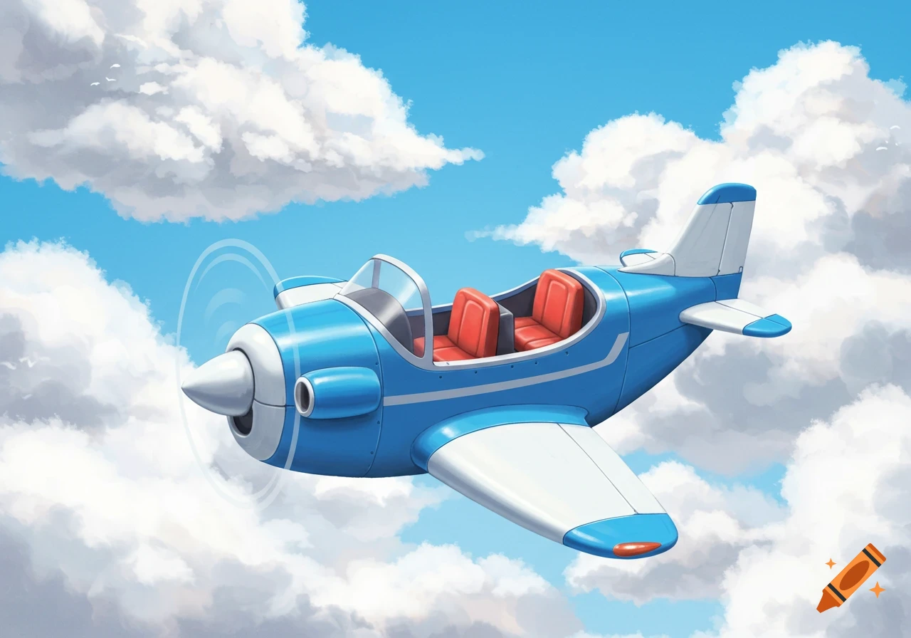 A blue and white cartoon airplane flies through fluffy clouds in a blue sky.