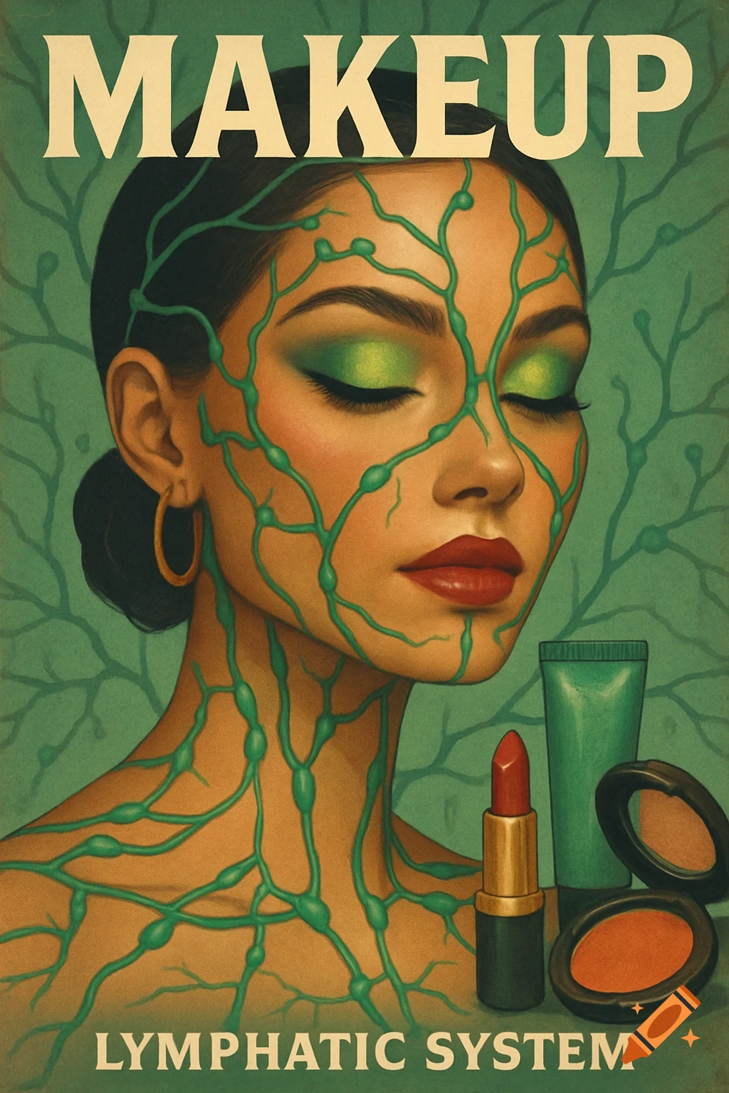Vintage poster illustration of a woman's face with makeup and green lymphatic system lines, text reads MAKEUP LYMPHATIC SYSTEM.