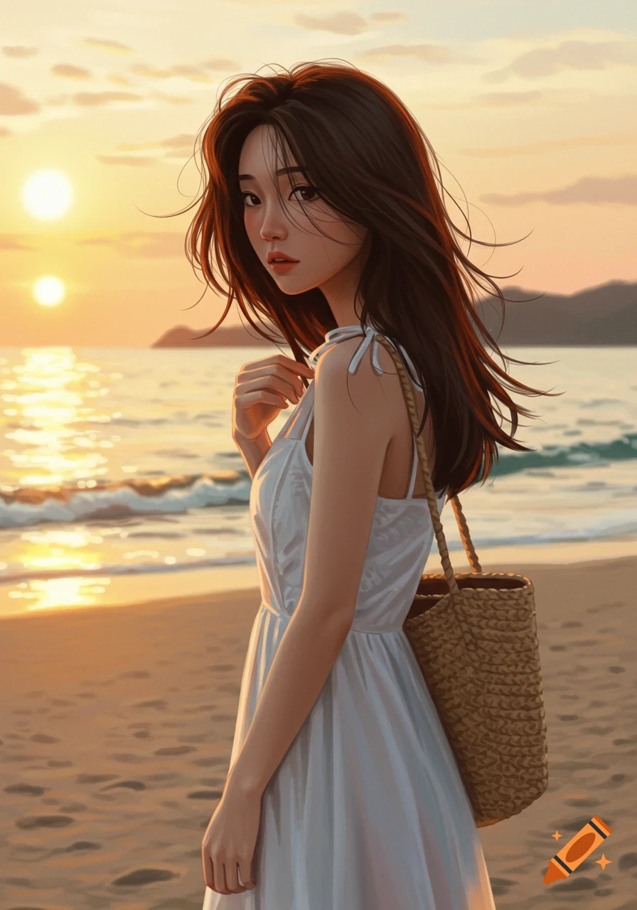 Illustrated young woman on a beach at sunset.
