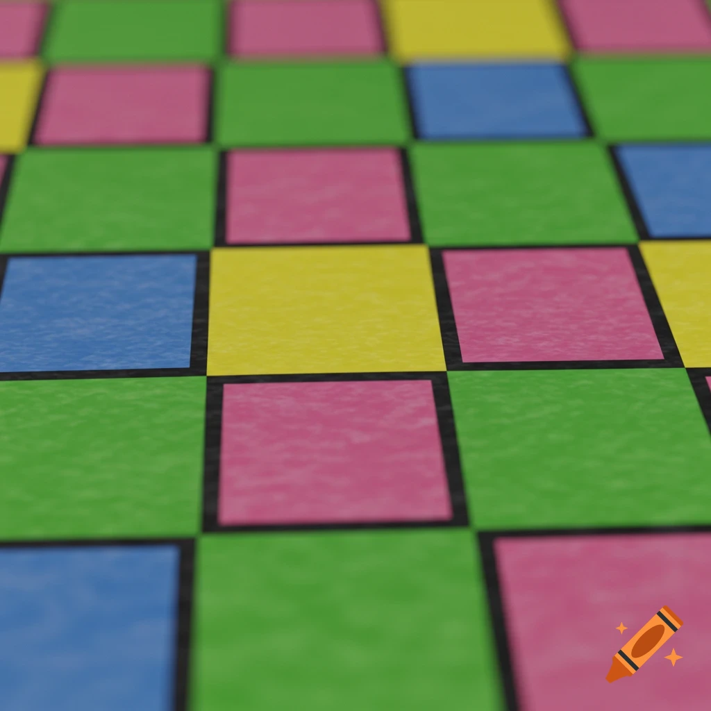 Close-up angled view of a checkerboard pattern with green, blue, yellow, and pink squares and black outlines.
