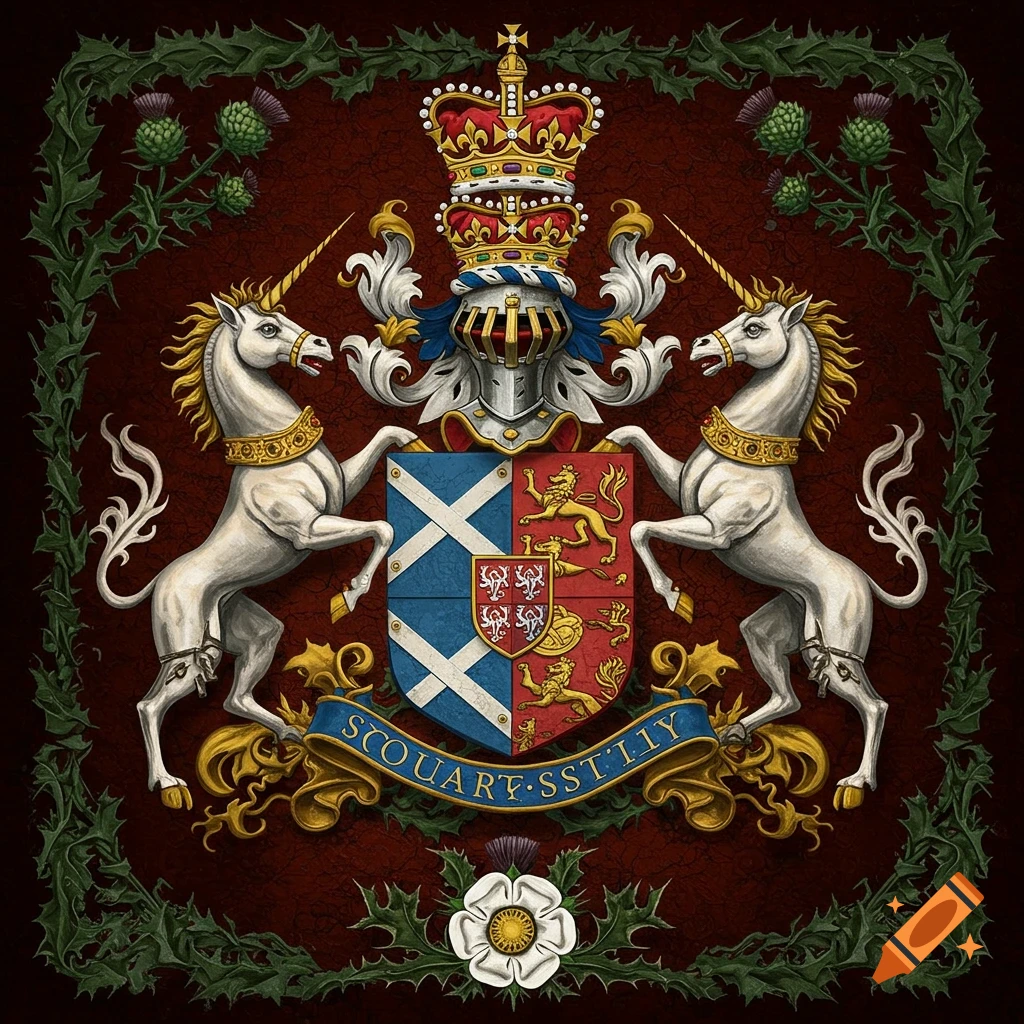 A detailed coat of arms featuring a crowned shield supported by two white unicorns, framed by thistles and a rose.