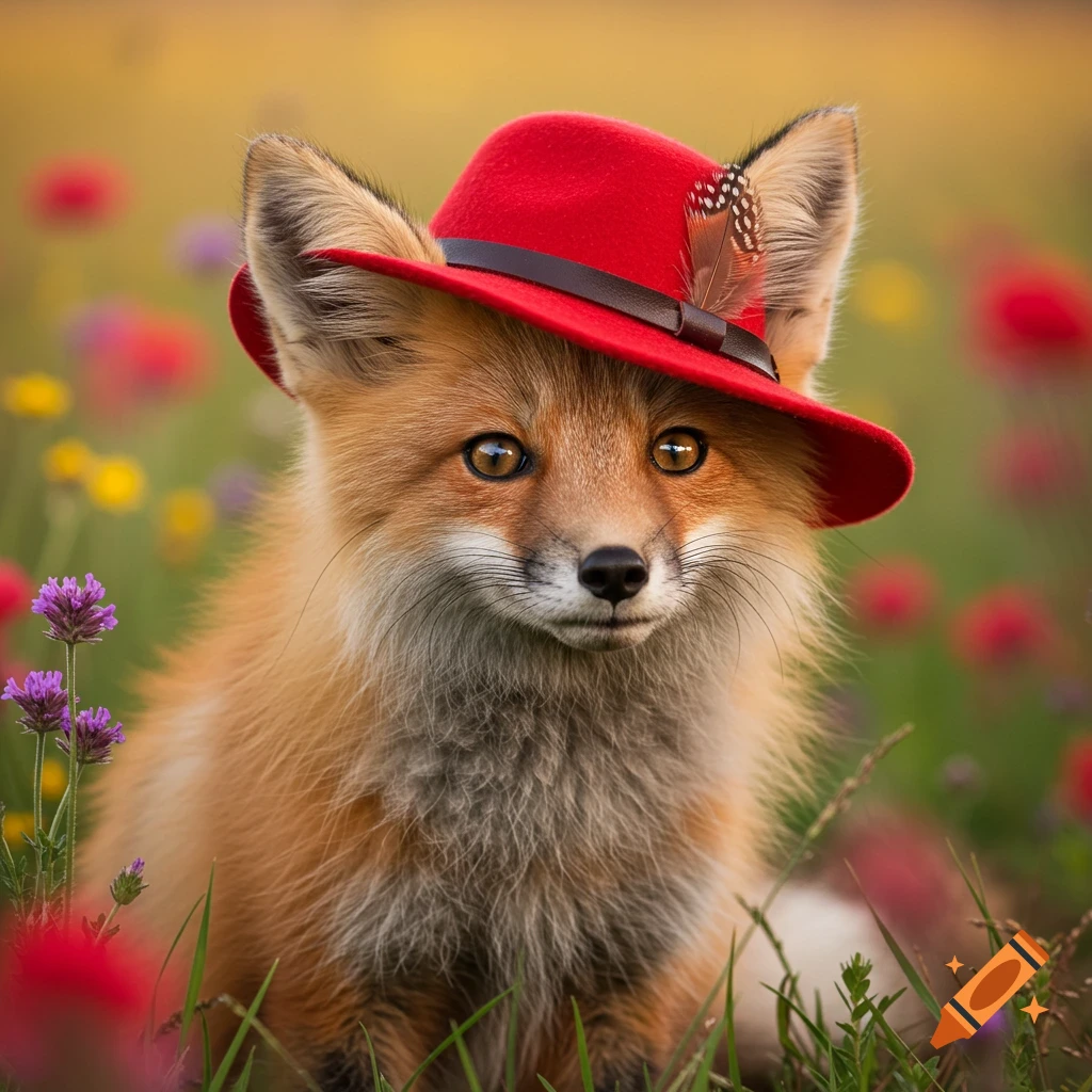 A cute fox wearing a red hat sits in a field of flowers.