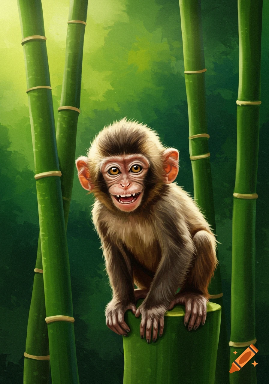 A cute baby monkey sits on a bamboo stalk in a forest, illustrated digitally.
