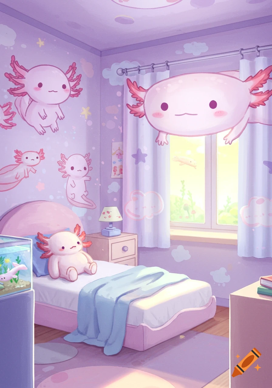 Cute axolotl-themed bedroom with stuffed toy on the bed and animated axolotls floating in the room.