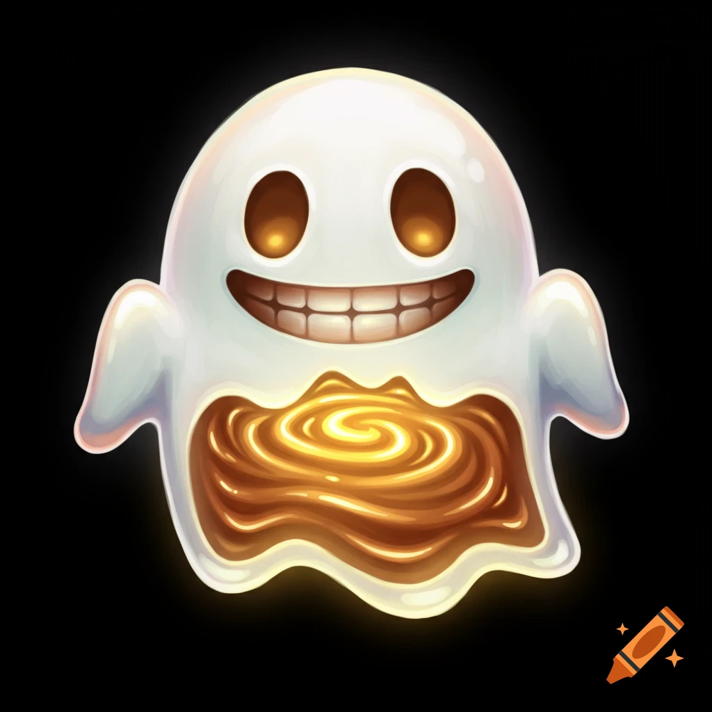 A cartoon ghost emoji filled with swirling hot chocolate. It has a wide, toothy smile and bright orange eyes.