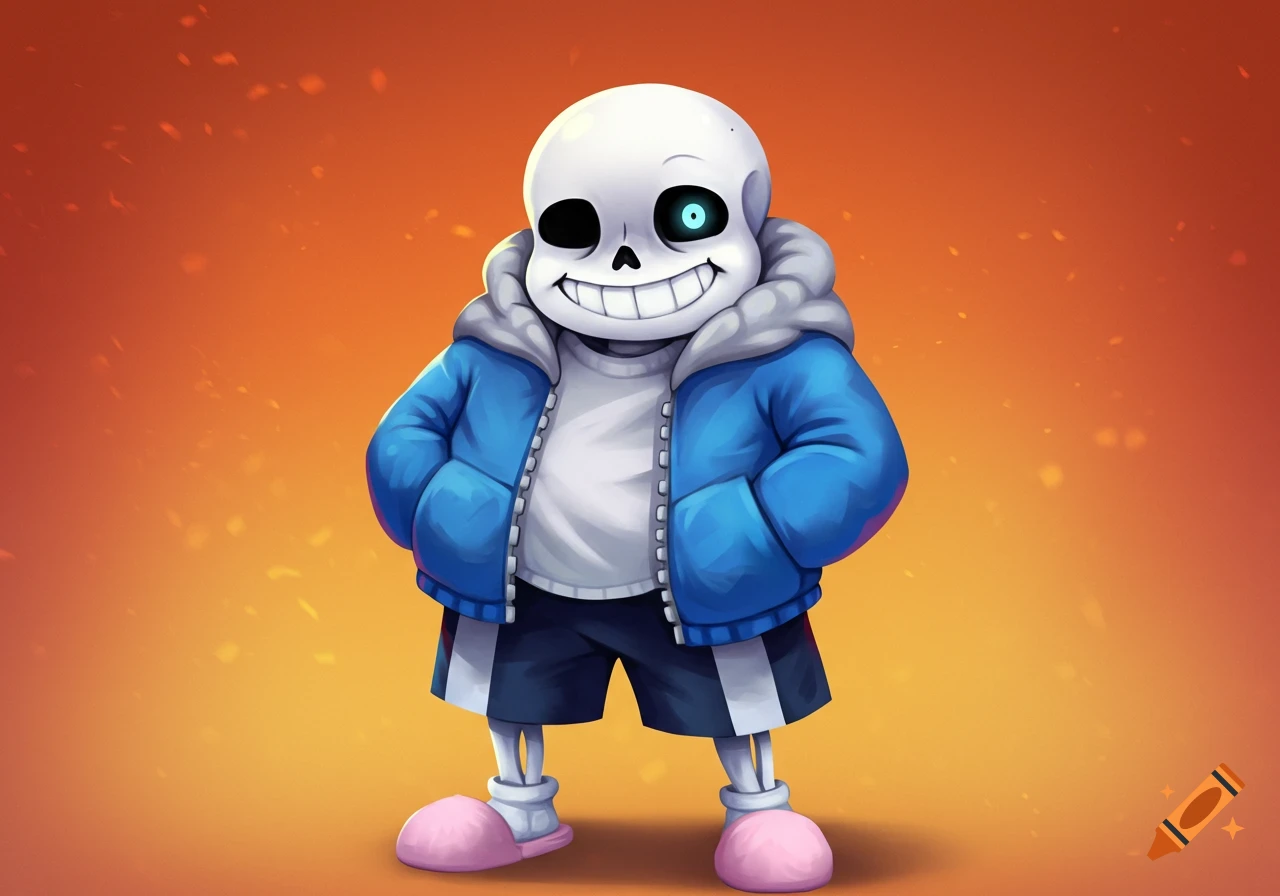 Cartoon drawing of the character Sans from Undertale standing with glowing eye against an orange background.