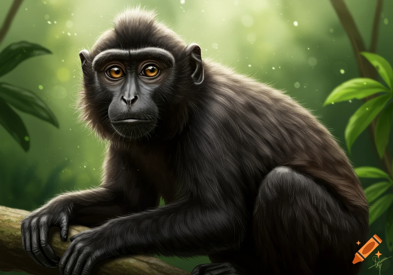 A black monkey with orange eyes sits on a tree branch in a lush green forest.