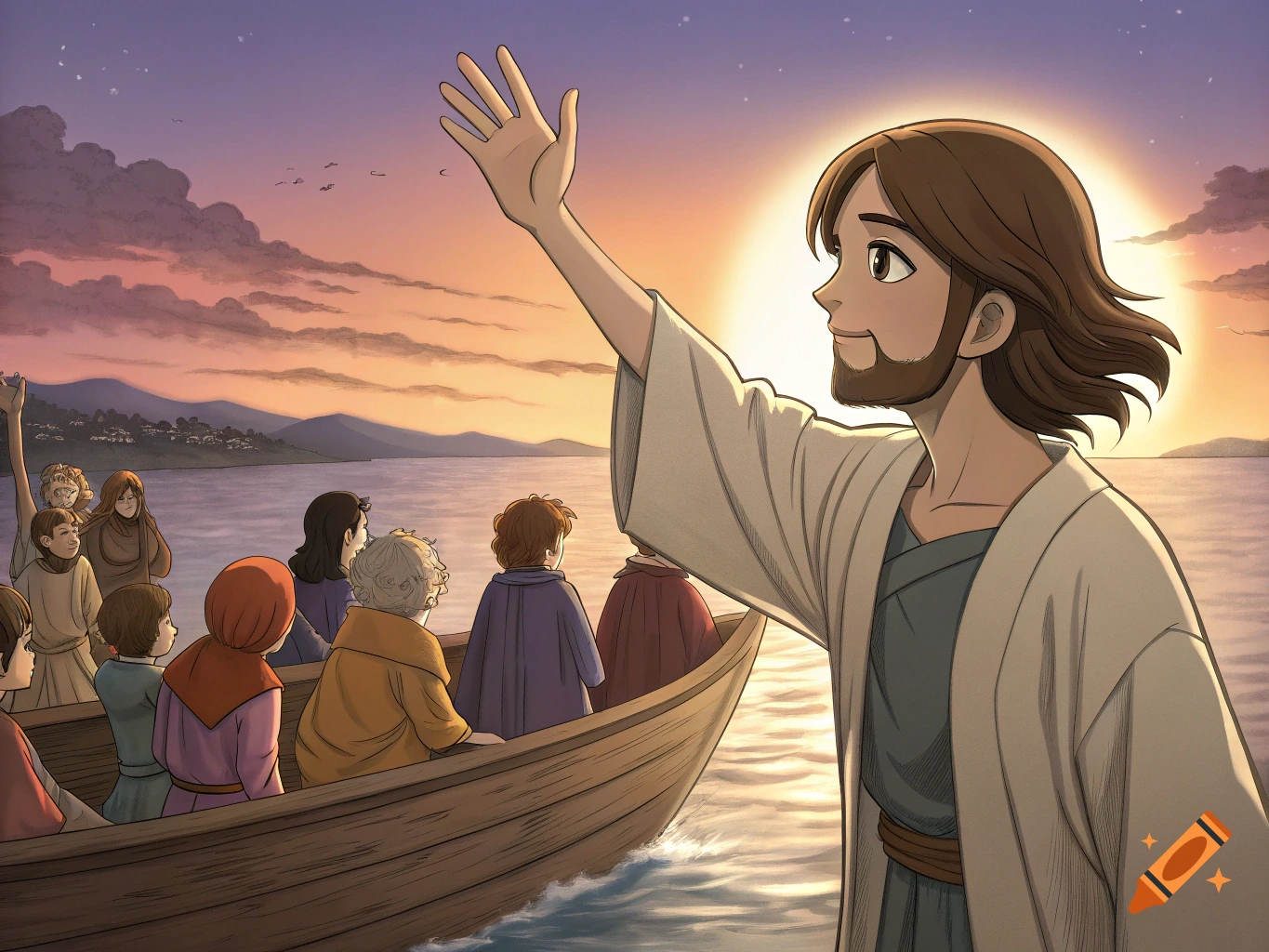 Anime style depiction of Jesus waving to disciples in a boat sailing on a lake at sunset.