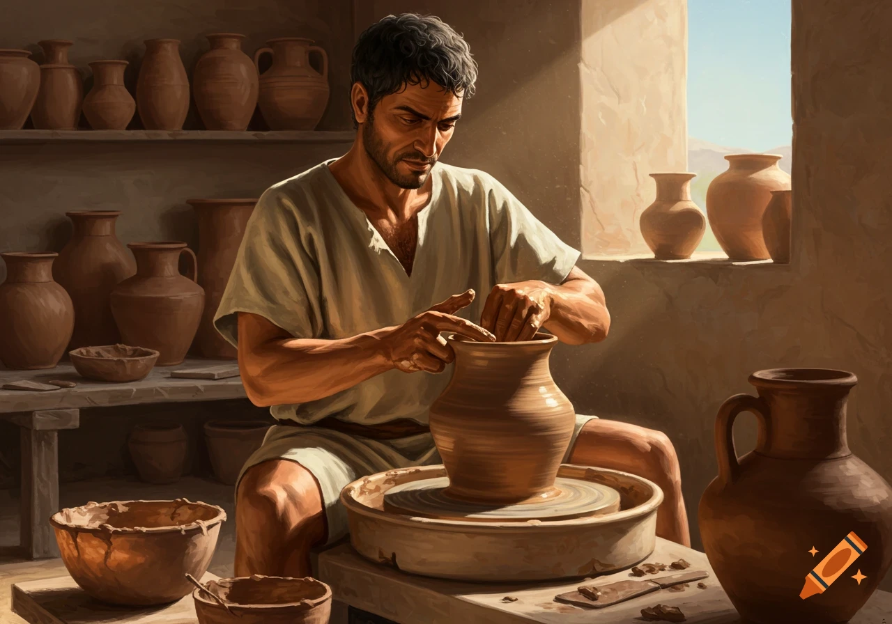Man making pottery on a wheel in an ancient workshop.
