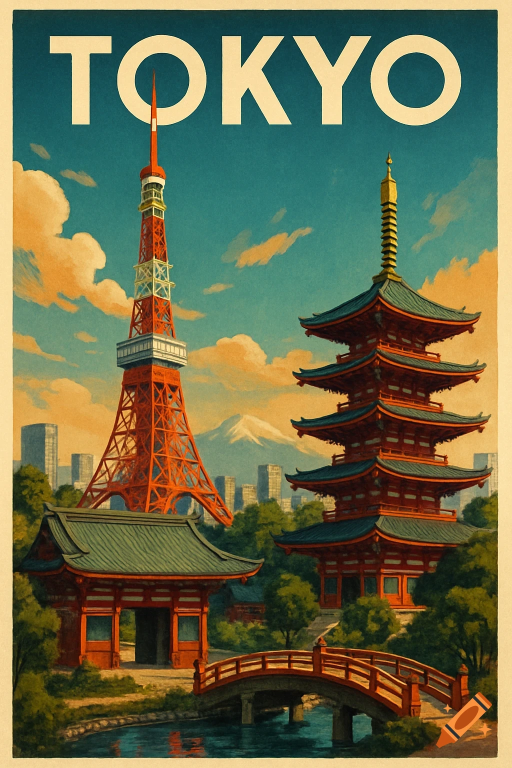 Vintage travel poster art showing Tokyo Tower, a pagoda, temple, bridge, and Mount Fuji with the word TOKYO above.