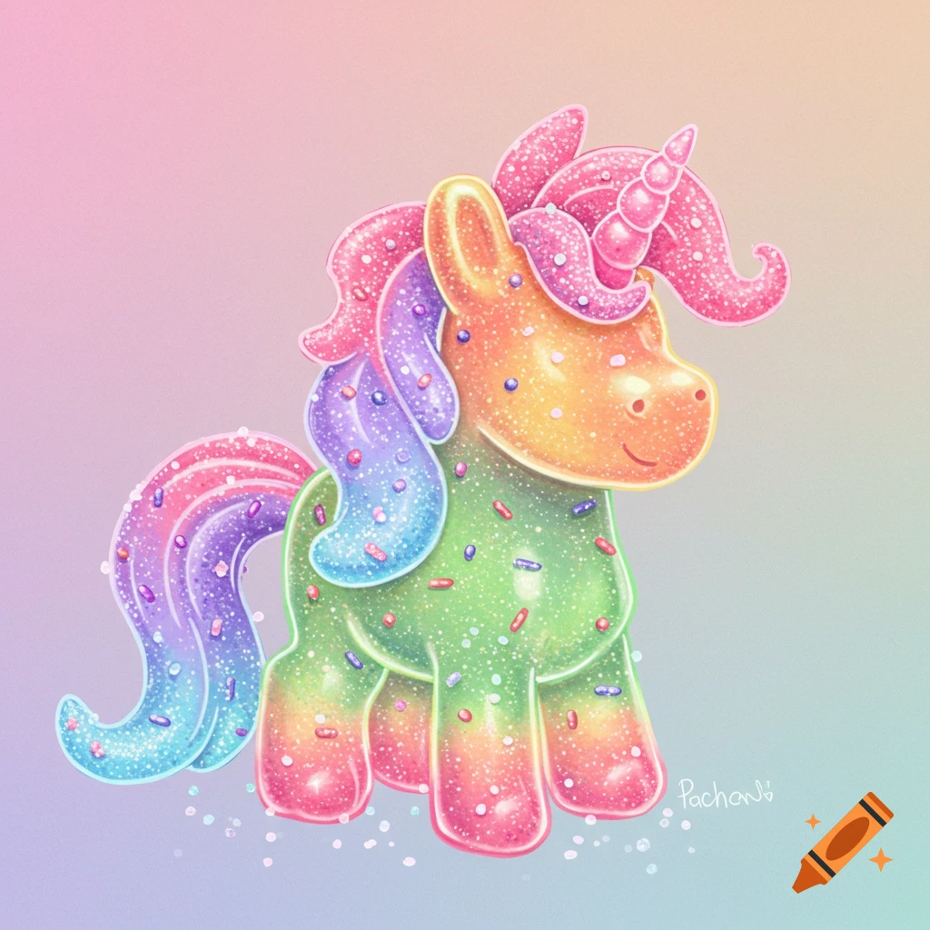 A colorful gummy unicorn covered in glitter and sprinkles.
