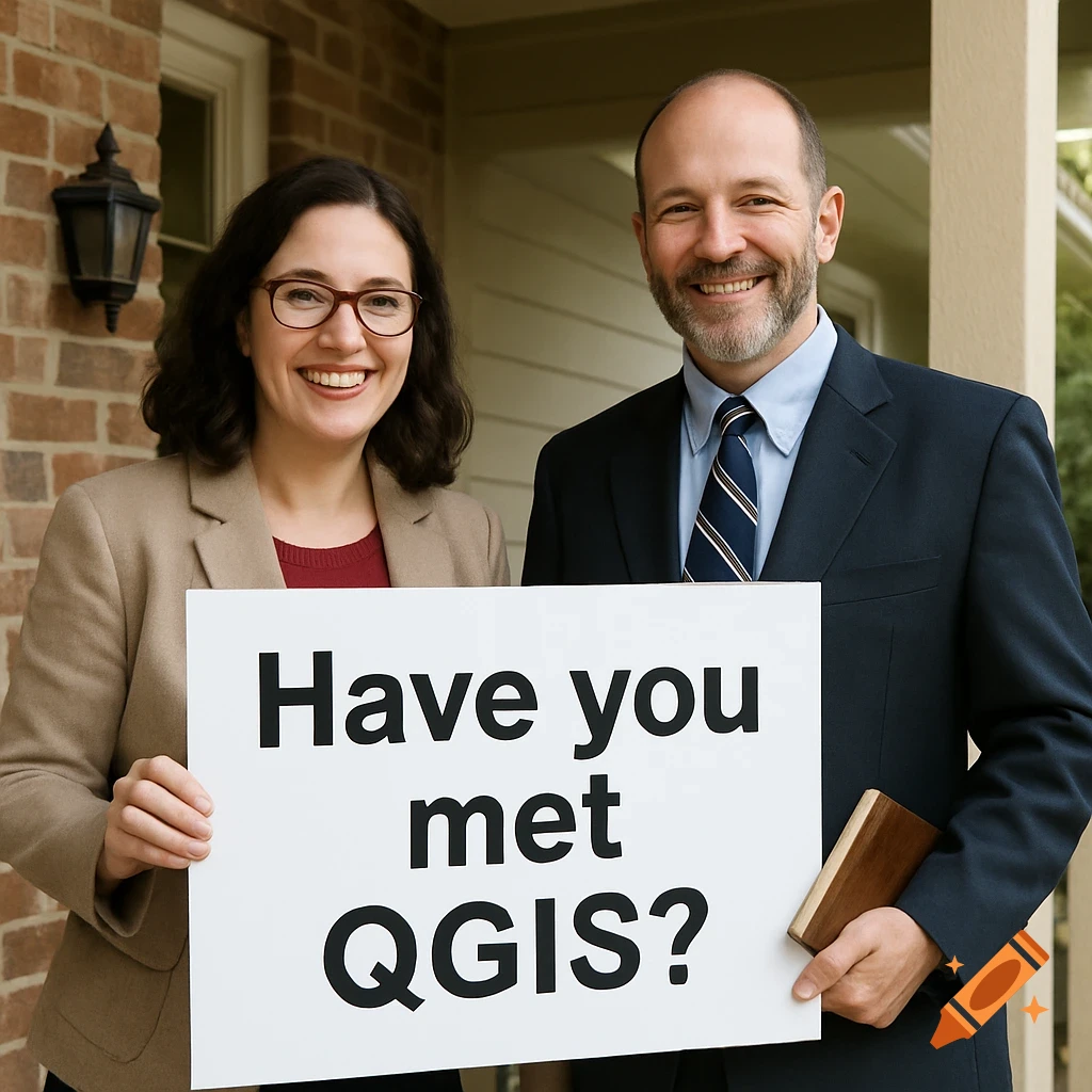 Two people hold a sign that says "Have you met QGIS?" on a porch.
