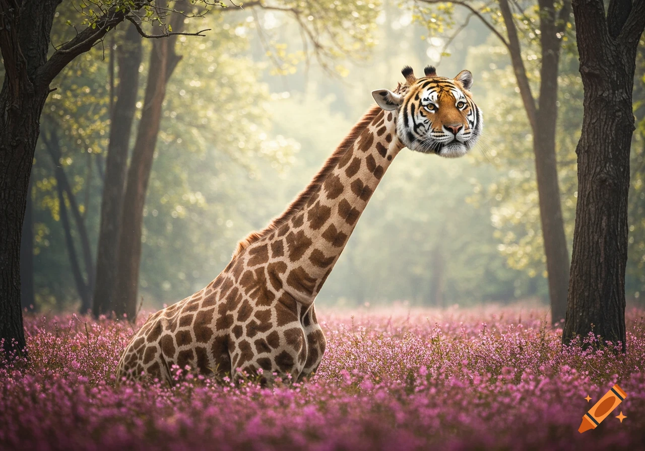 A giraffe with a tiger's head sits in a forest filled with pink flowers.