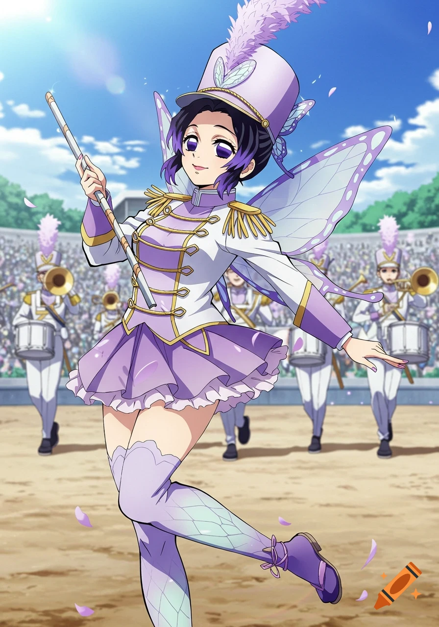 Anime illustration of Shinobu Kocho from Demon Slayer in a marching band uniform holding a baton.
