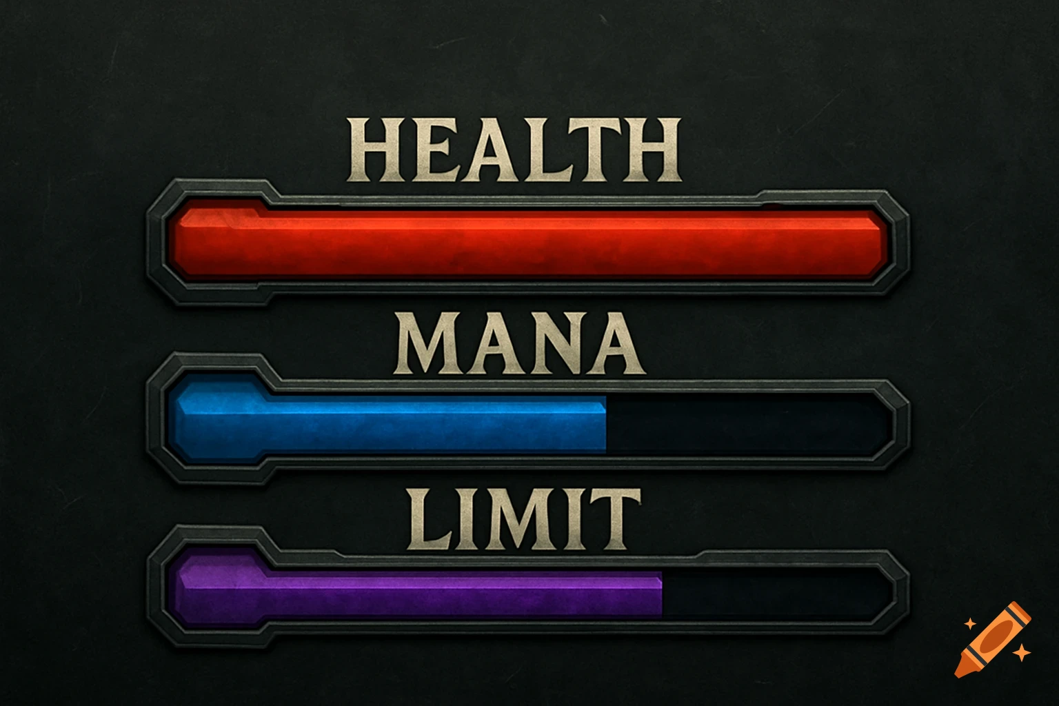 Three game UI bars: red health bar full, blue mana bar partially full, purple limit bar partially full.