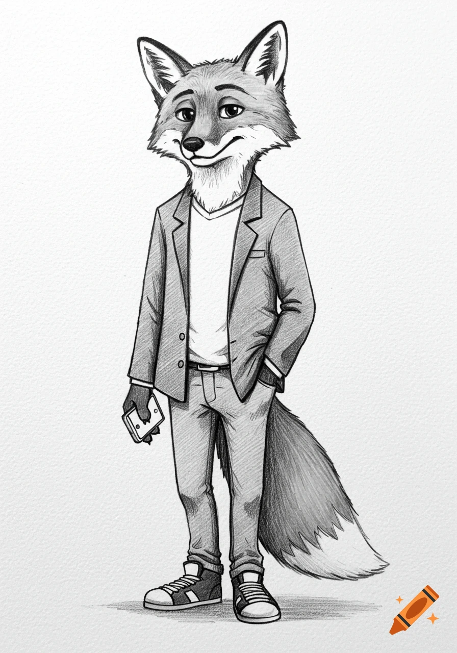 Black and white pencil drawing of a standing fox character wearing a suit jacket, t-shirt, jeans, and sneakers, holding a phone.
