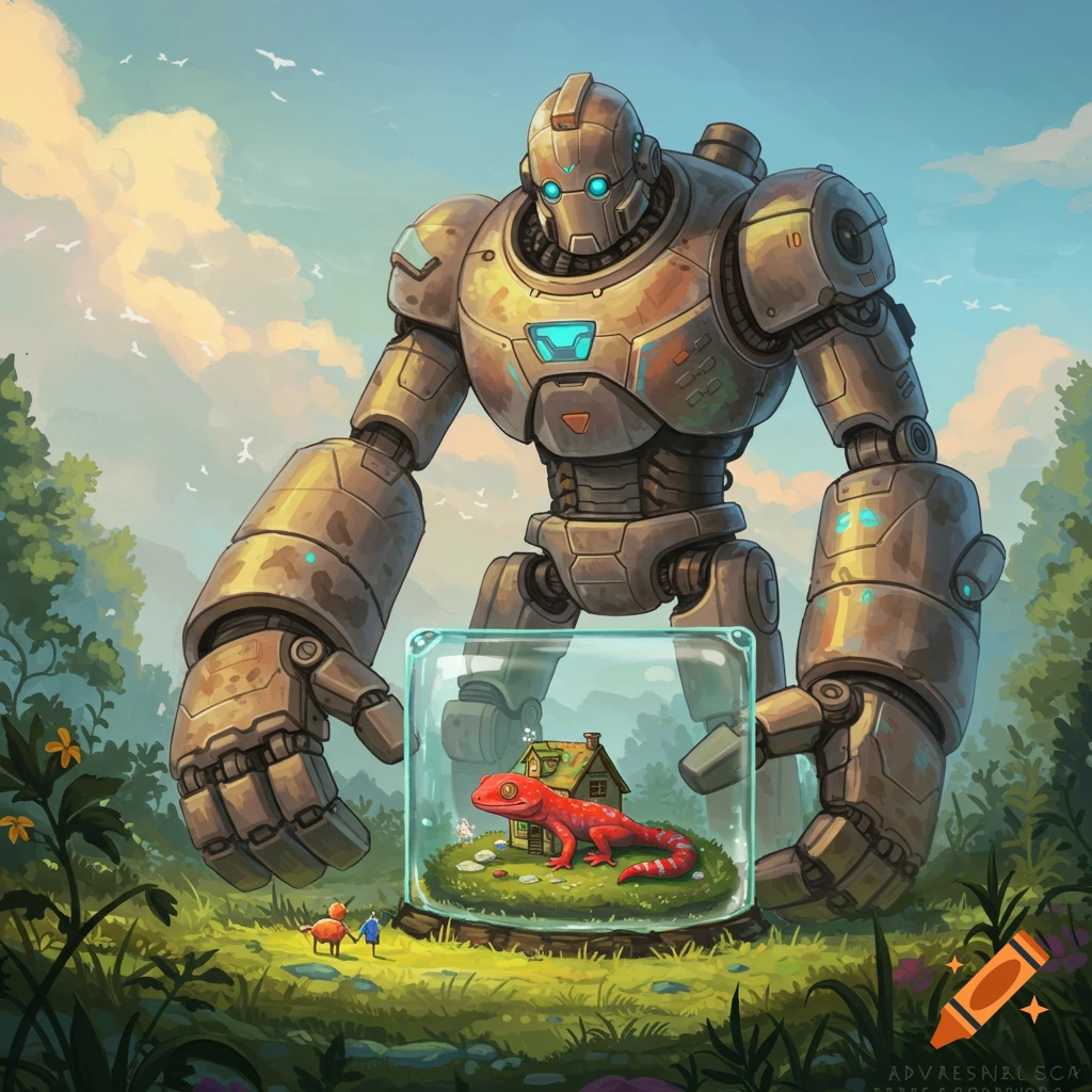 A giant metal robot holds a glass case containing a small house and a red gecko in a grassy landscape. Illustration.