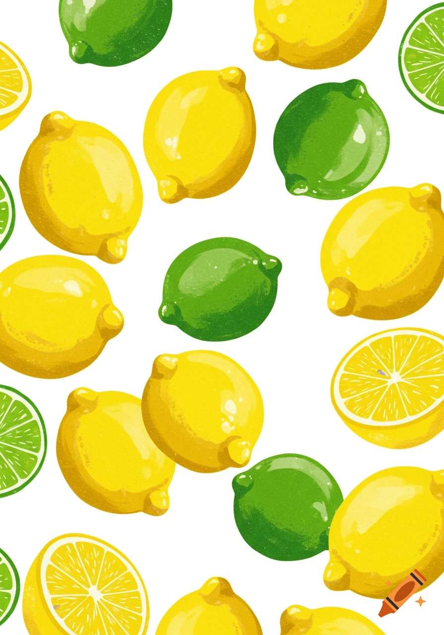 Pattern of lemons and limes on a white background, digital illustration.