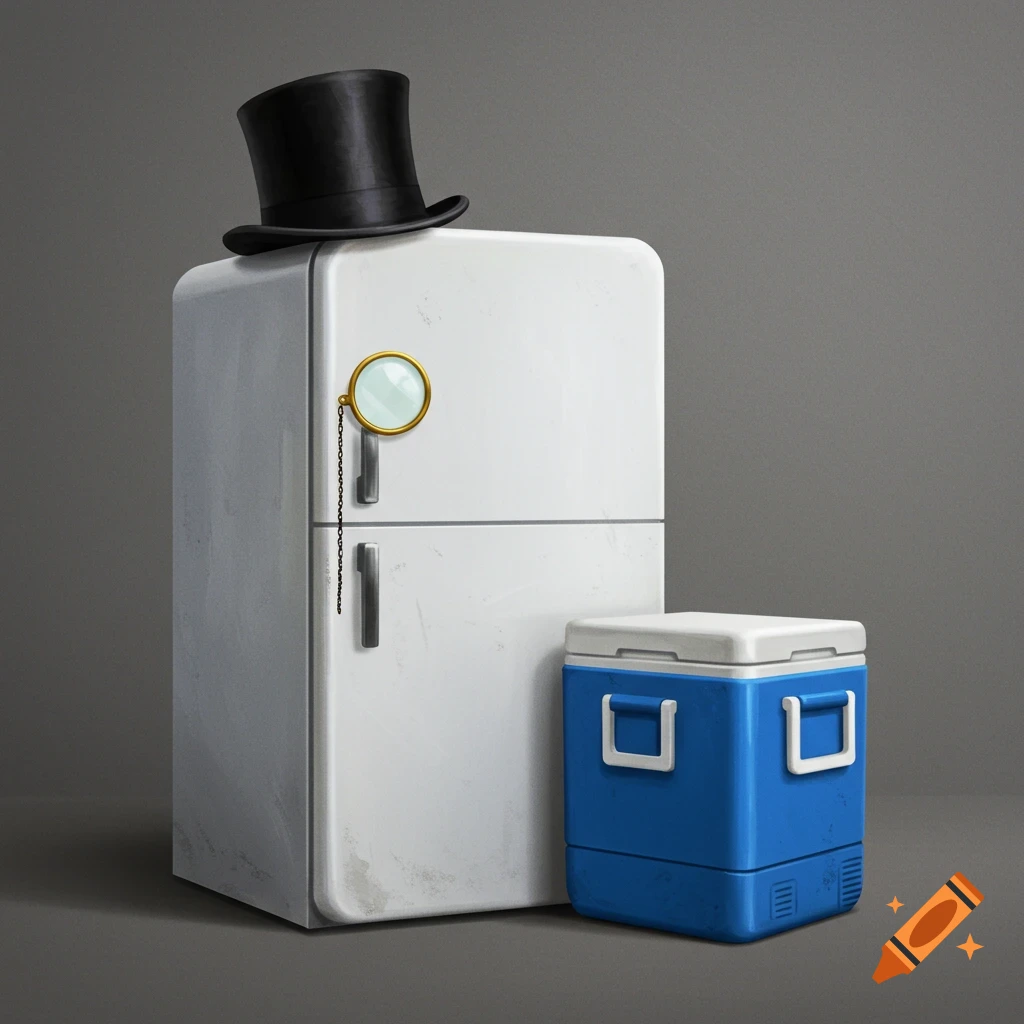 A white refrigerator wearing a black top hat and monocle, next to a blue cooler.