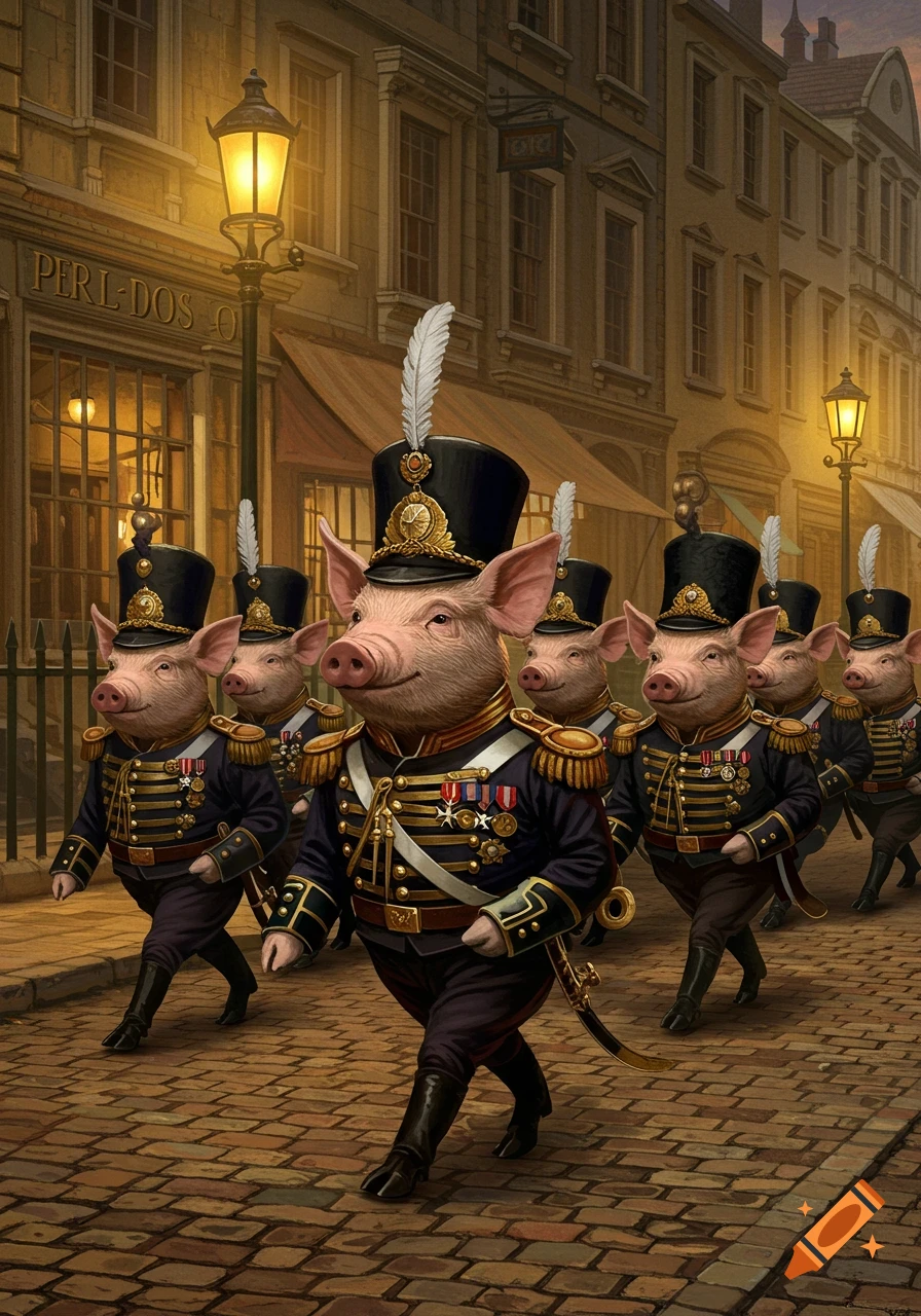 Anthropomorphic pigs in Victorian military uniforms march down a cobblestone street.