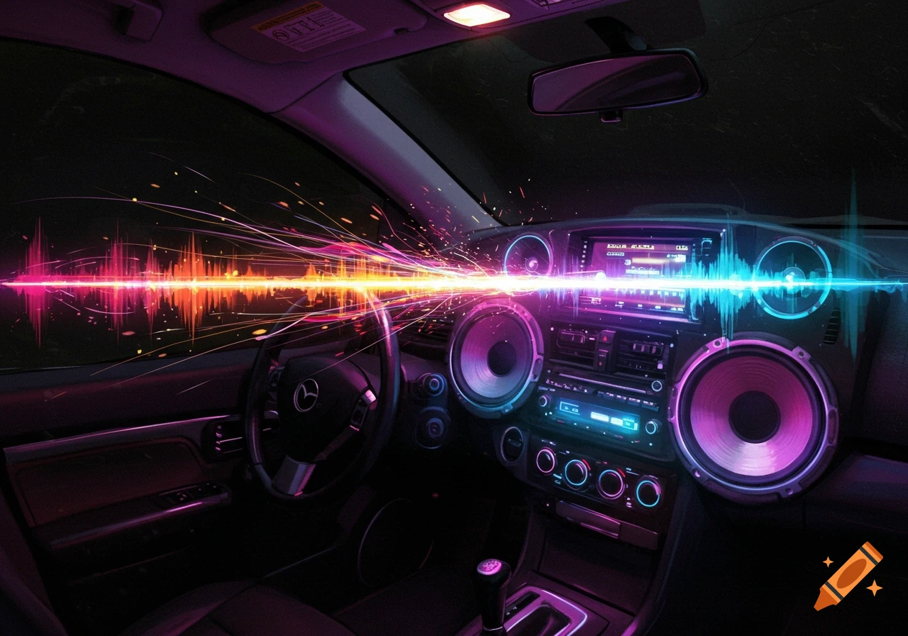 A neon-lit futuristic car interior with a souped-up stereo system and glowing sound waves.