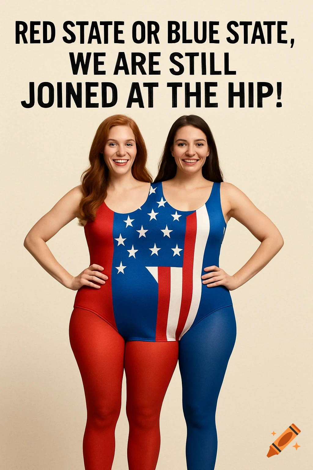 Two women in red and blue tights and US flag swimsuit, merged into one. Text: We are still joined at the hip!