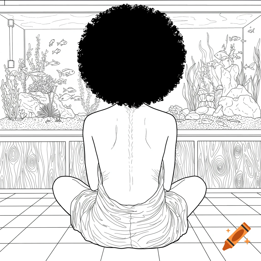 Line art of a black woman with an afro, viewed from the back, sitting cross-legged on a tile floor looking at a fish tank.