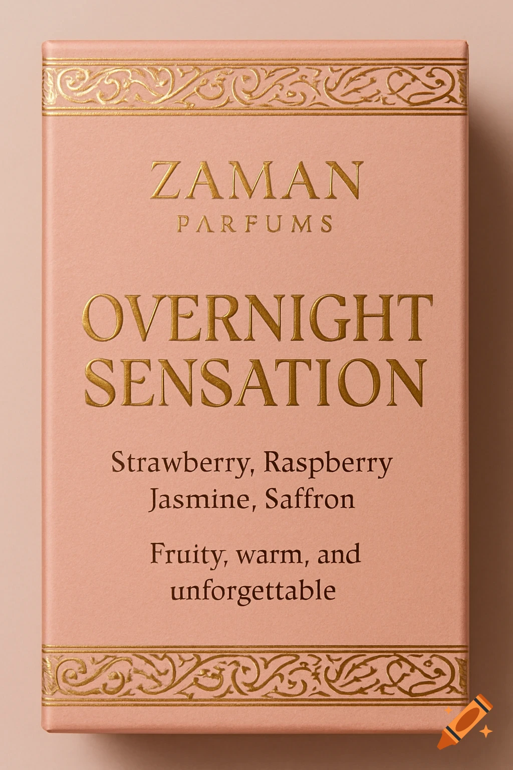 Close-up of a pink perfume box with gold foil text and decorative borders. Text reads "Zaman Parfums Overnight Sensation".