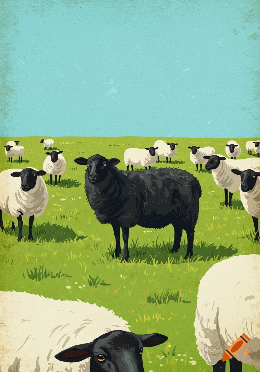 A black sheep stands prominently in a field of white sheep, in a vintage illustration style.