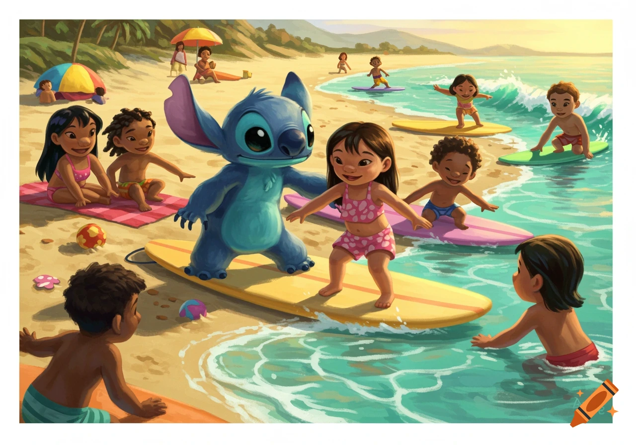 Stitch and children surfing and playing on a beach.